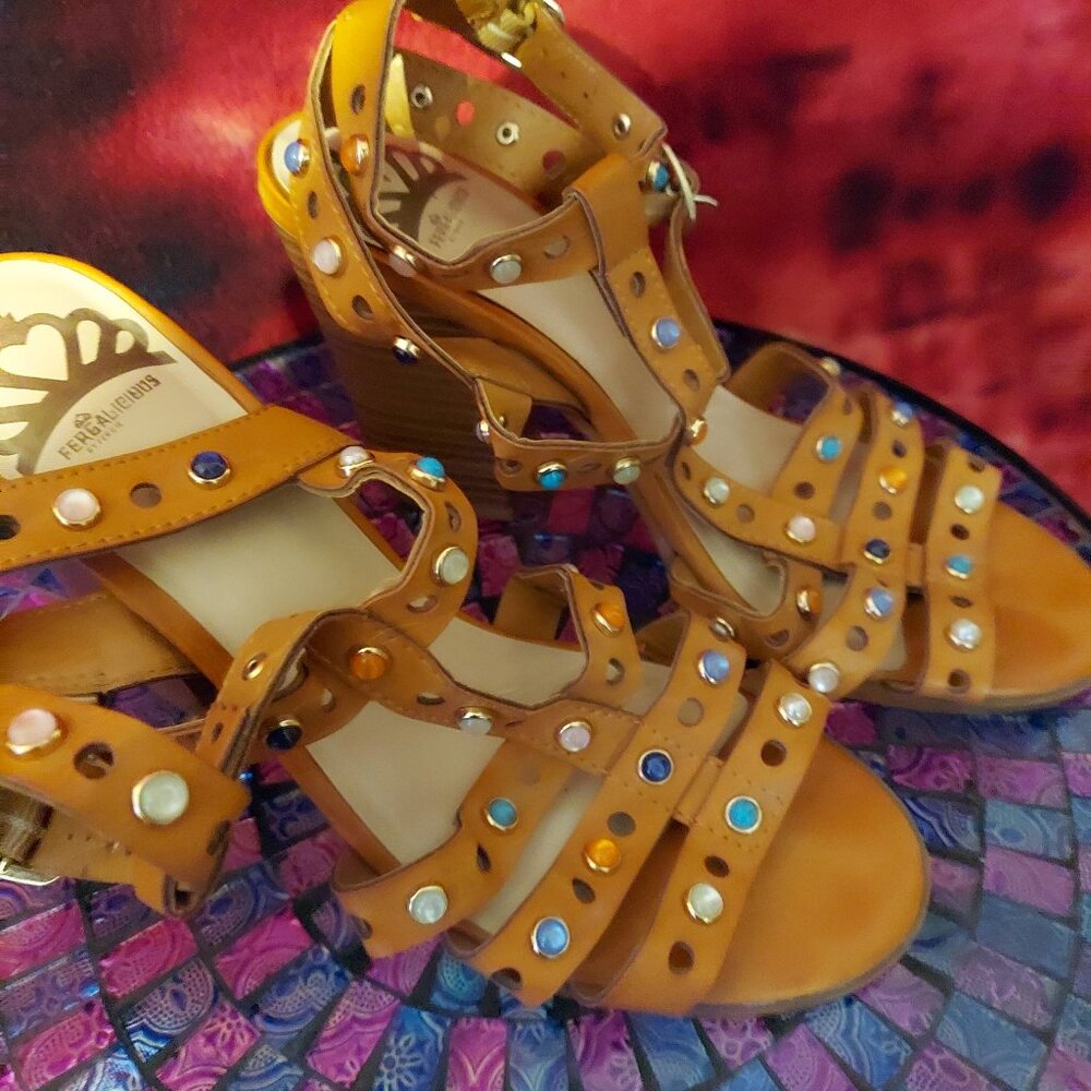 fergalicious tan brown multi-coloured studded jewels sandals chunky high heels